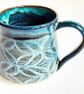 Mug Patterned Blue Glazed  - Hand Thrown Stoneware Ceramic Mug 