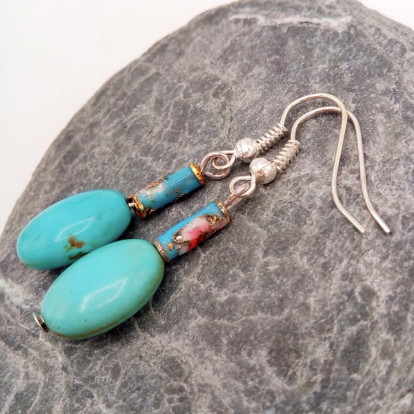 Turquoise Oval Bead and Cloisonne Tube Bead Earrings, Birthday Gift for Her