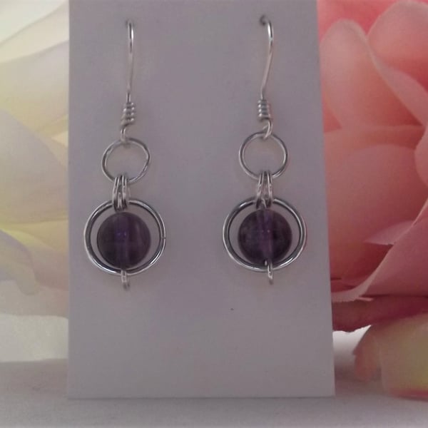 Purple amethyst gemstone dangle earrings silver circles crown chakra protection