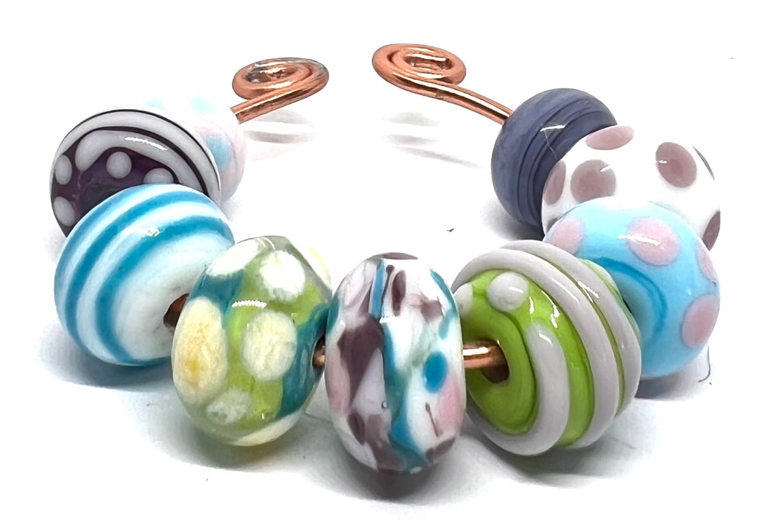 Handmade Lampwork Glass Beads – Pastel Polka Dot, Striped & Floral Set of 9