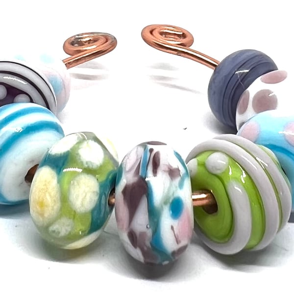 Handmade Lampwork Glass Beads – Pastel Polka Dot, Striped & Floral Set of 9