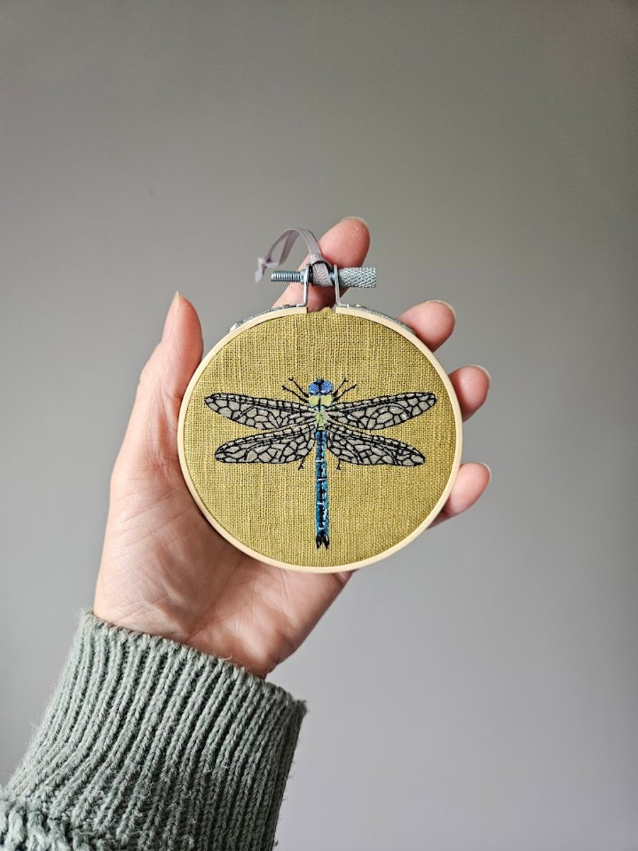Dragonfly embroidered mini hoop, handmade hanging decoration