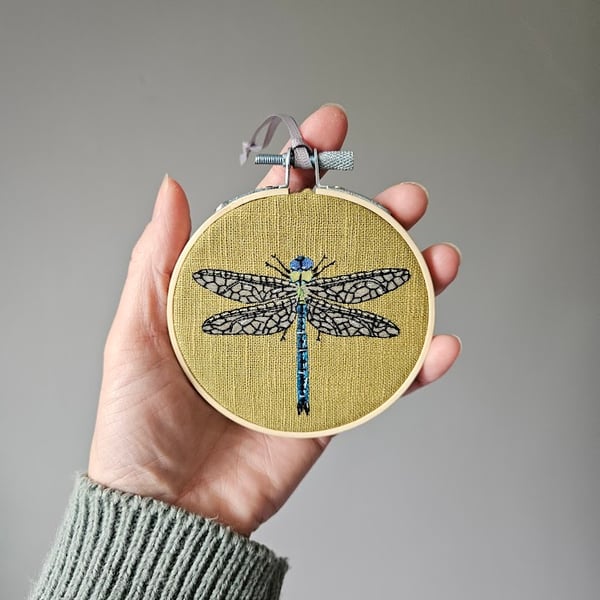 Dragonfly embroidered mini hoop, handmade hanging decoration