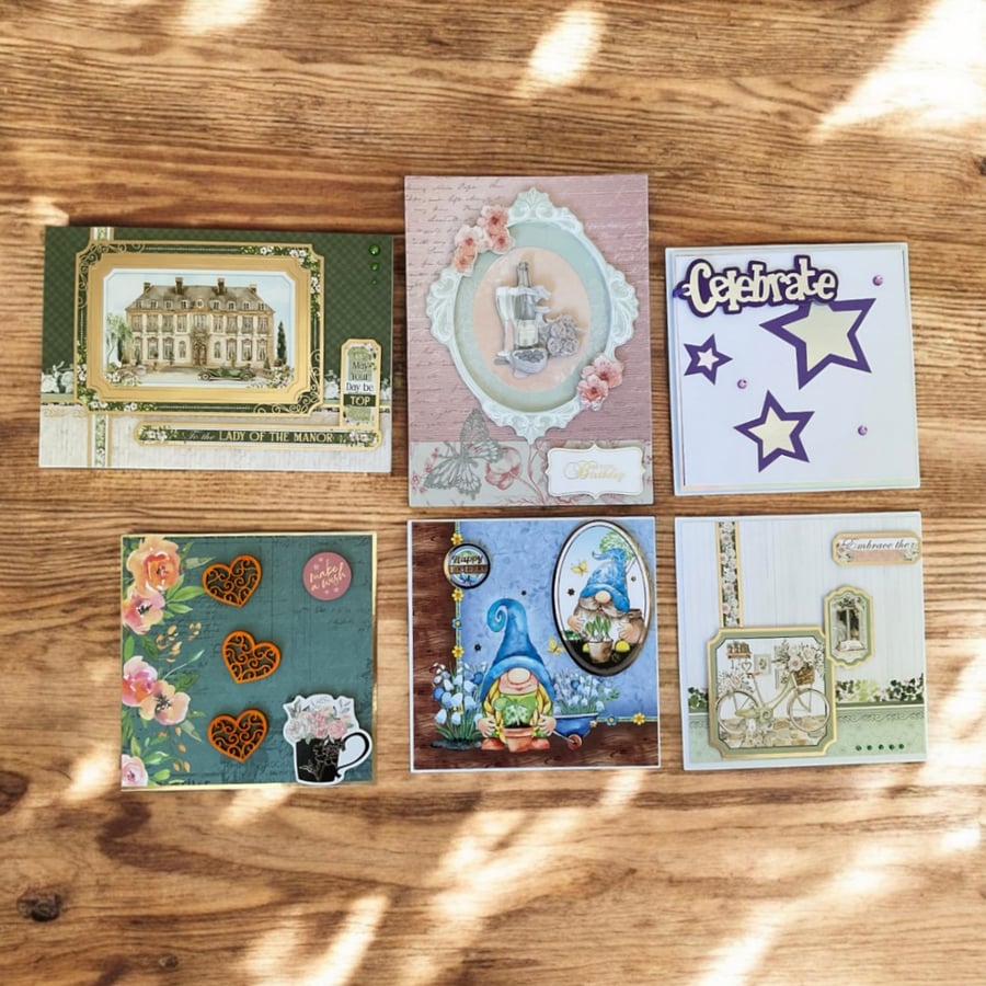 6 Handmade Greeting Card Set – Assorted Decoupage & Mixed Media Destash Cards