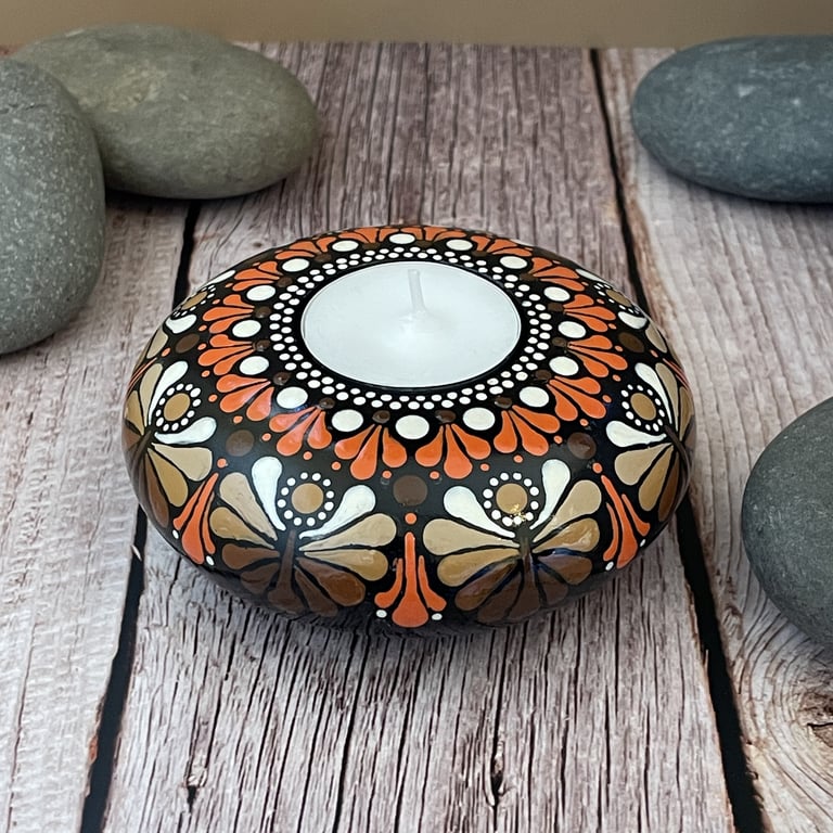 Orange Mandala Tea Light Candle Holder Acrylic Art Painting Hand Painted Unique