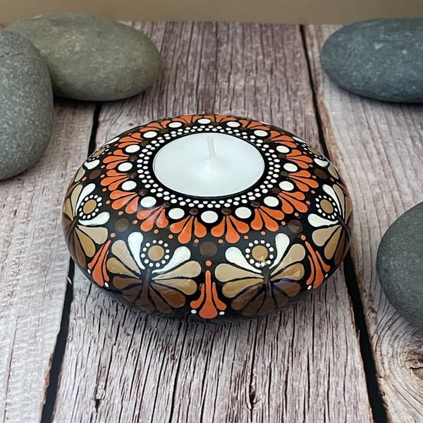 Orange Mandala Tea Light Candle Holder Acrylic Art Painting Hand Painted Unique