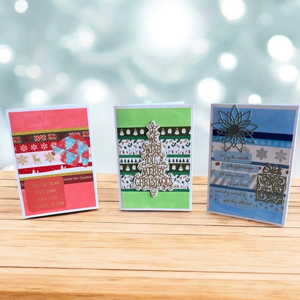 Set of 3 Handmade Washi Tape Christmas Cards – Assorted Colours & Designs