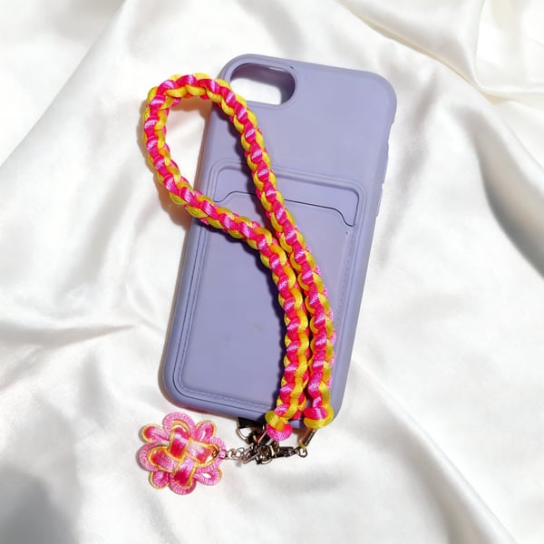 Pink & Yellow Macrame Phone Strap with Auspicious Knot Charm