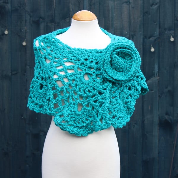 Crochet wrap in sea green acrylic yarn with flower brooch - design SB188