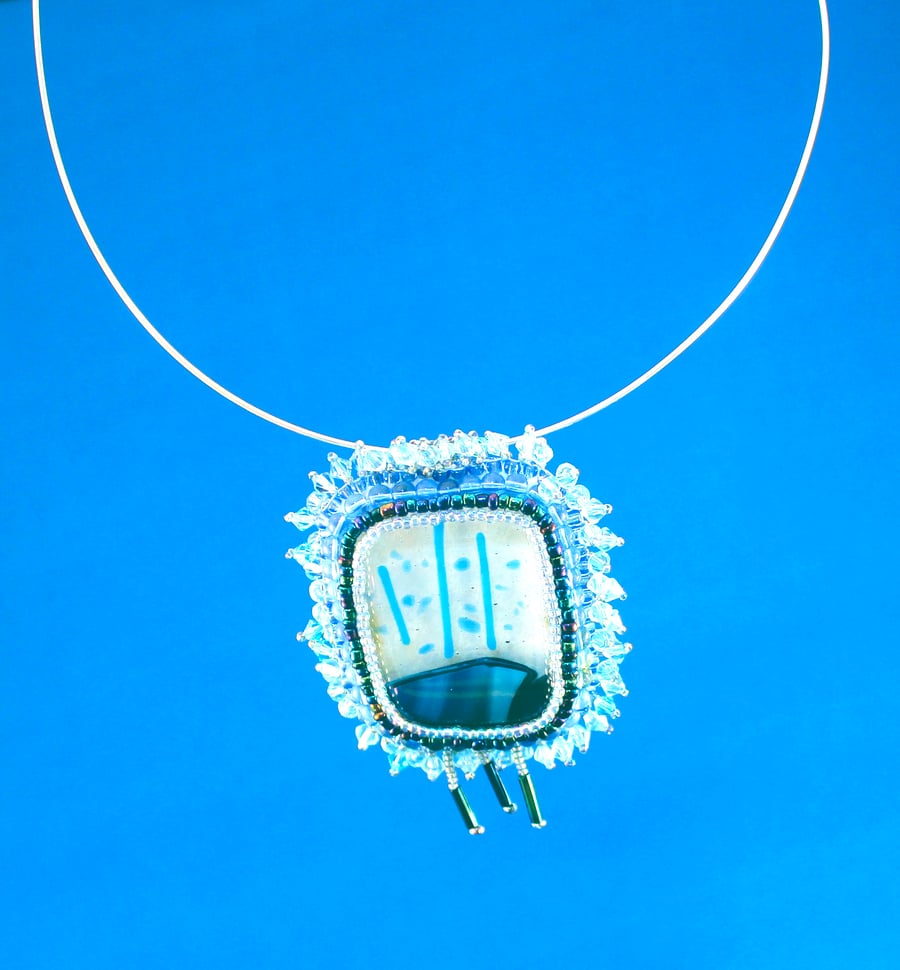 Blue Rain Fused Glass Pendant or Brooch