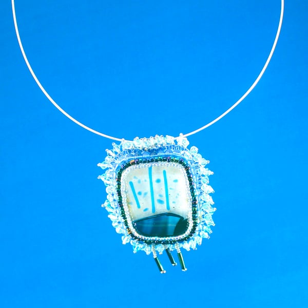 Blue Rain Fused Glass Pendant or Brooch