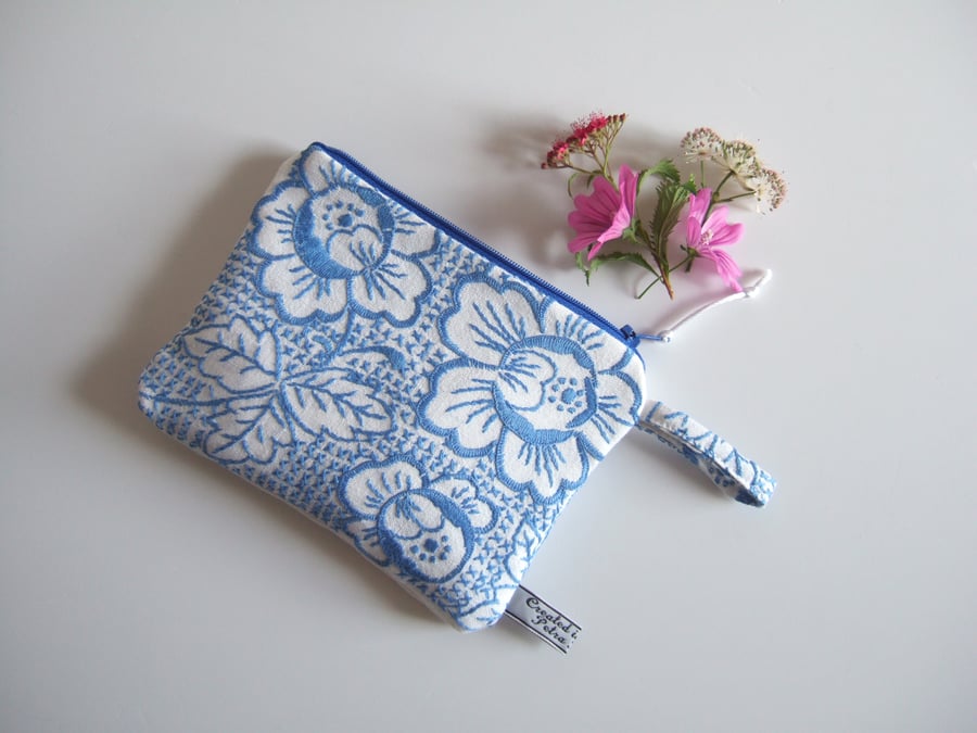 Sale craft Vintage blue floral hand purse or make up bag. 