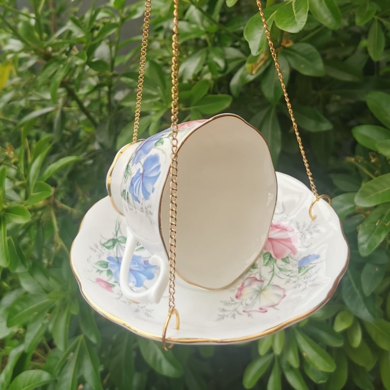 Royal Albert Sweet Pea Teacup Bird Feeder Upcycled Bone China Hanging Bird Feed