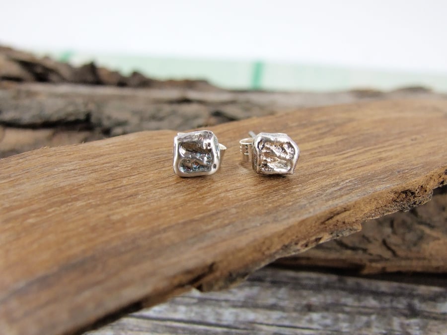 Sterling Silver Square Stud Earrings, Textured Recycled Silver Dainty Earrings