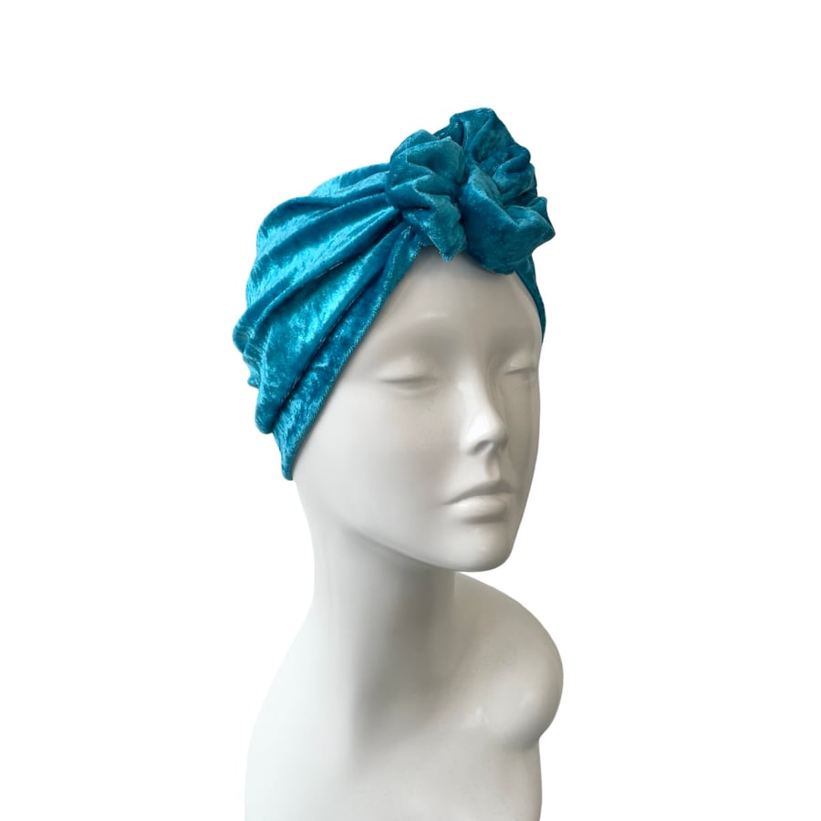 Blue Hair Turban for Women, Velvet Rose Knot Turban Hat Alopecia Full Head Wrap