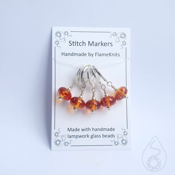 Lampwork Stitch Markers - Firey Orange