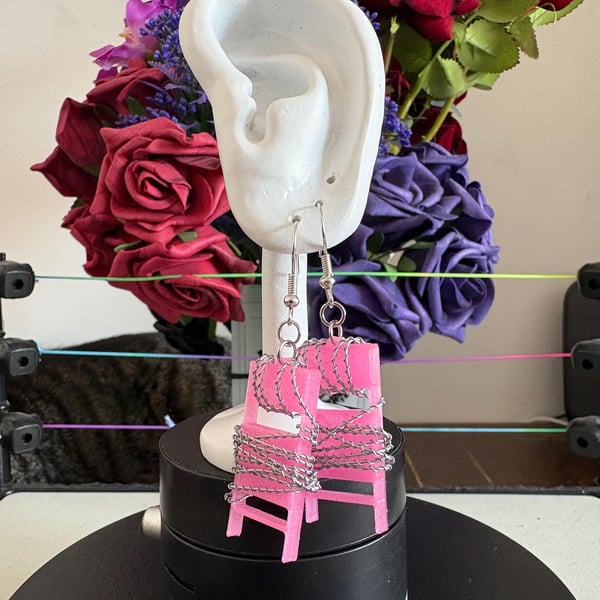Handmade Pink Barbed Wire Chair Earrings: Wrestling Jewelry