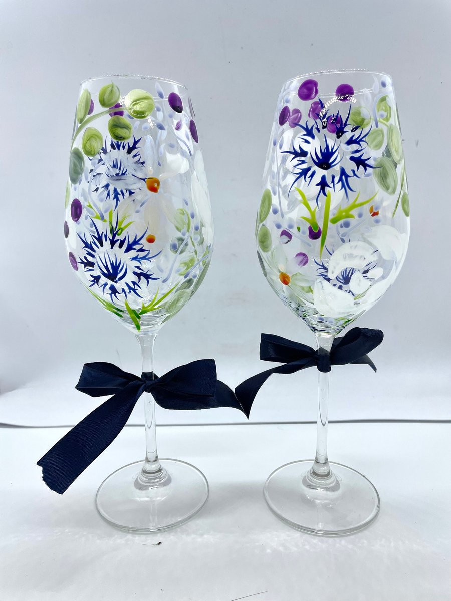 Hand Painted Wine Glasses Winter Colours Thistle and Rose Gift Box
