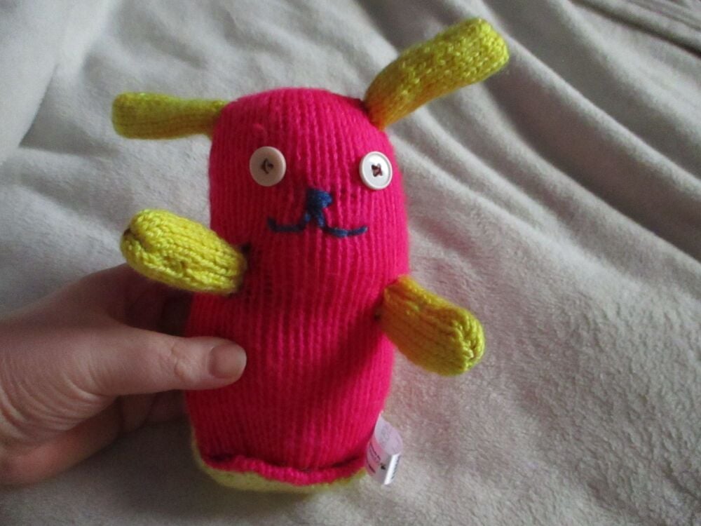 Hot Pink and Yellow Midi Puppy Dog with Beige Cream Eyes Knitted By KM
