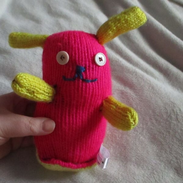 Hot Pink and Yellow Midi Puppy Dog with Beige Cream Eyes Knitted By KM