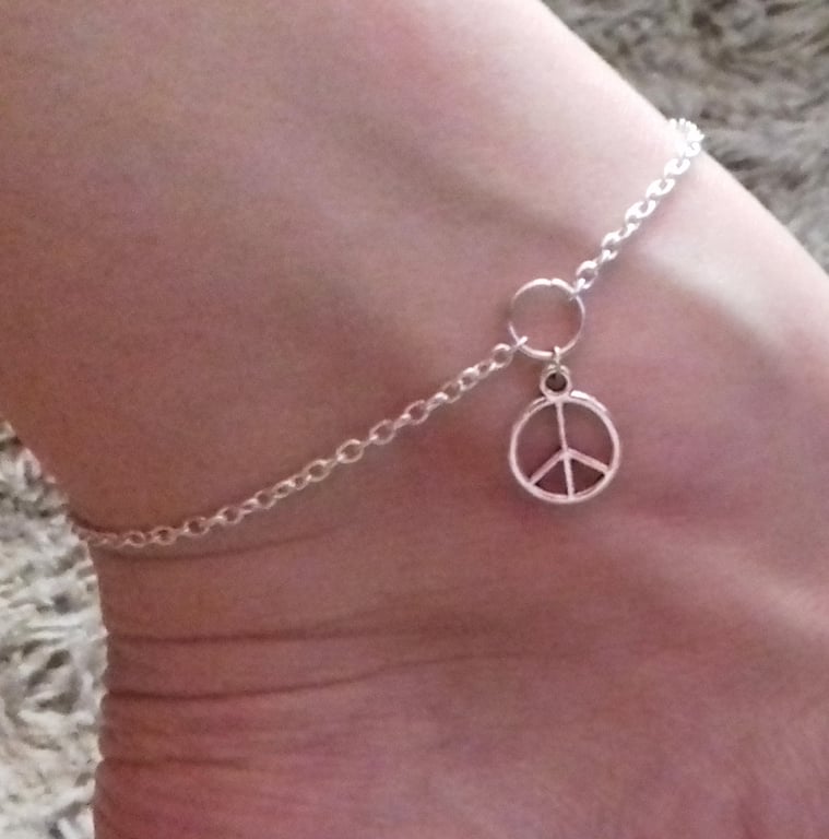 Peace Sign CND Anklet Silver Plate Ankle Bracelet 