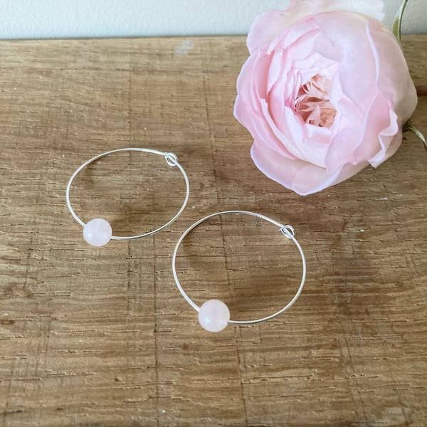 Rose Quartz Hoop Earrings, sterling silver