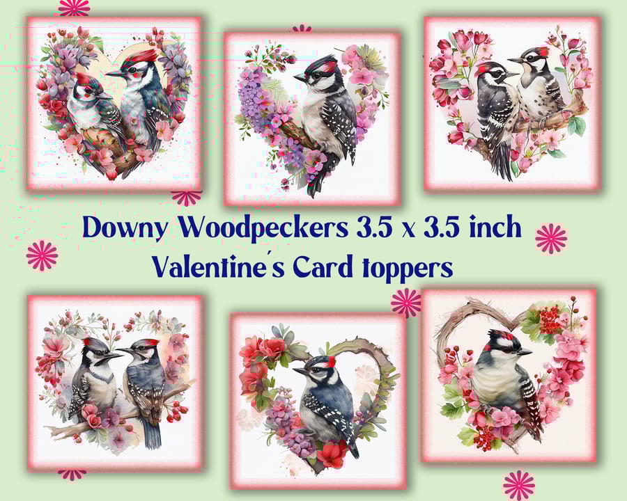 Downy Woodpeckers Square Valentine Card Toppers for Card Making, Tags, Scrapbook