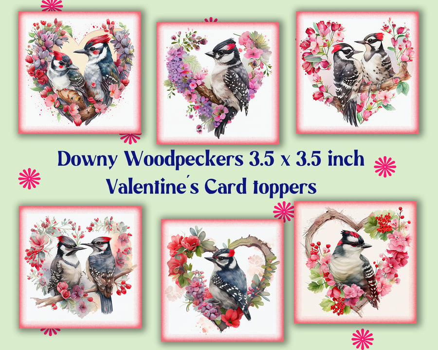 Downy Woodpeckers Set of 6 Square Valentine Card Toppers for Card Making, Tags