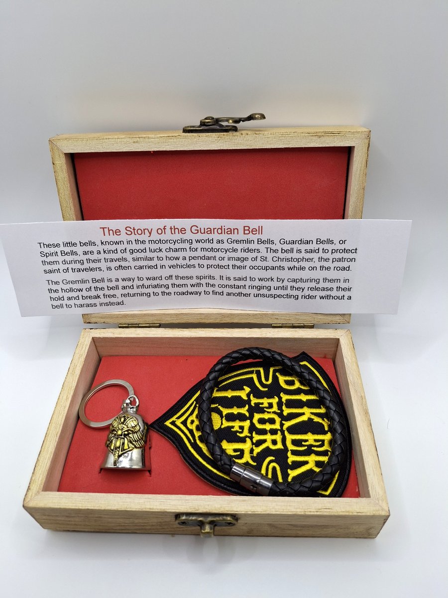 Bikers Gift Box, Bikers Bell Gremlin Bell, Leather Bracelet and Bikers Badge