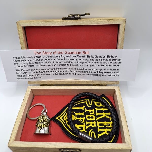 Bikers Gift Box, Bikers Bell Gremlin Bell, Leather Bracelet and Bikers Badge