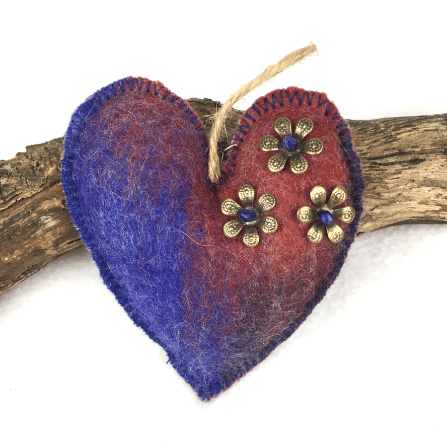 Blue and red merino wool felt hanging padded heart (2)