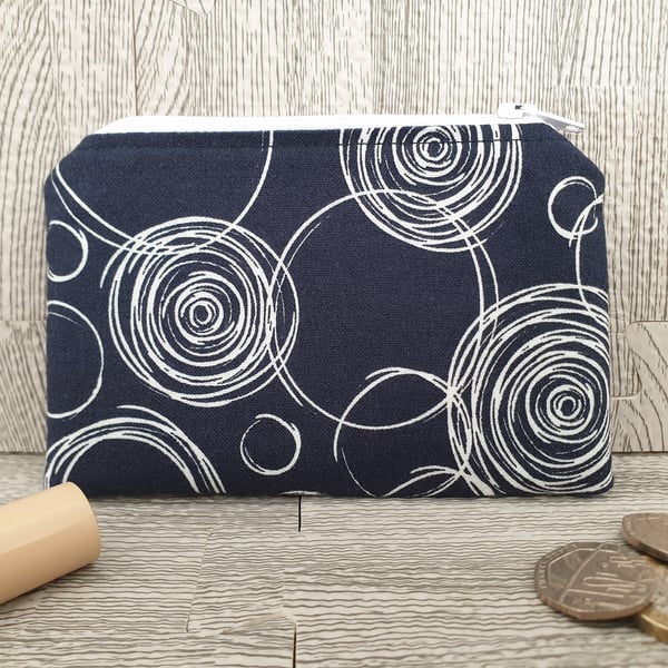 Coin Purse handmade with Blue with White Circles 100% Cotton Fabric outer