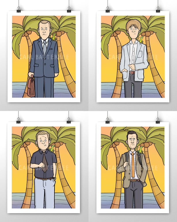 Set of 4 Death in Paradise Signed Illustrated Art Prints GET ONE FREE