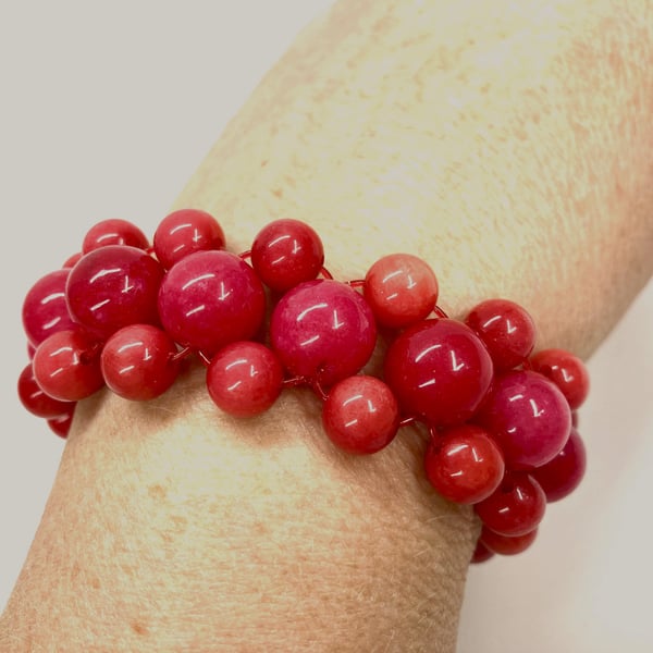 Cherry Red QUARTZ Crystal Beaded Triple Weave Stretch Bracelet