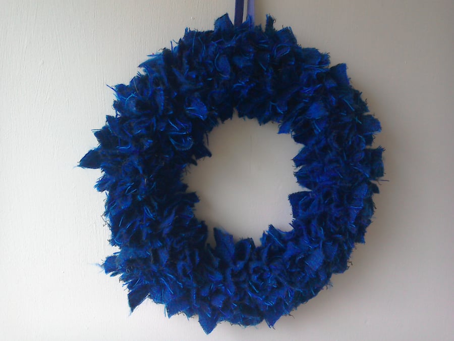 Blue decorative rag wreath