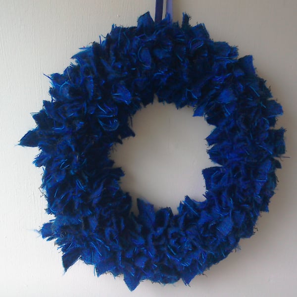 Blue decorative rag wreath - Folksy
