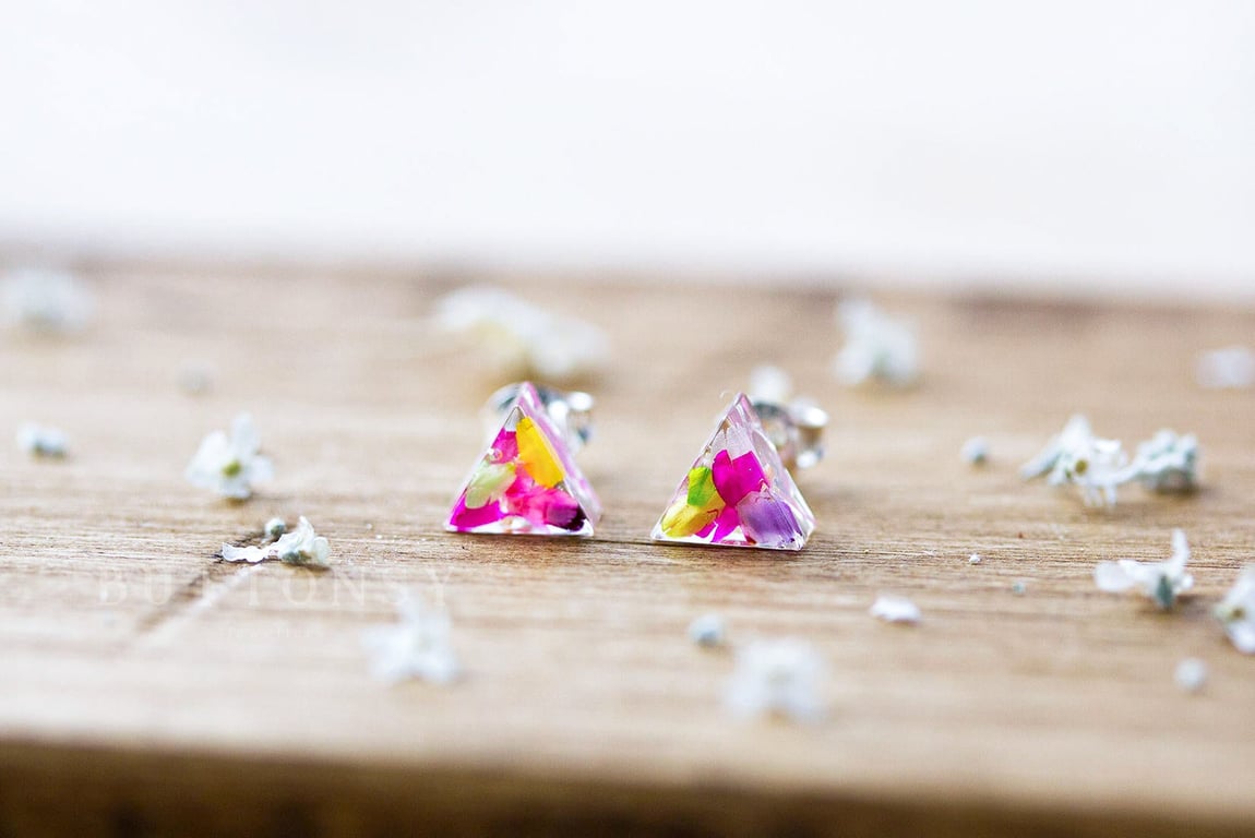 Real Flower Earrings Tiny Triange Studs Floral Jewelry Pressed Flower Earrings N