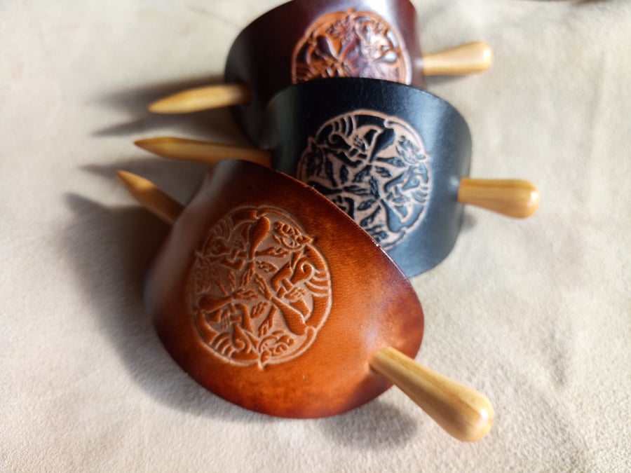 Leather Hair Barrette with Celtic Design, Small Hair Slide, Leather Stick Barret