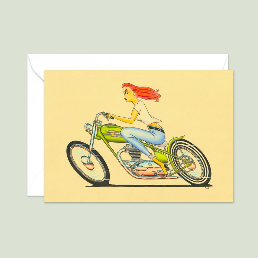 Biker Babe Greeting Card: Hand Drawn Pencil Illustration (306)