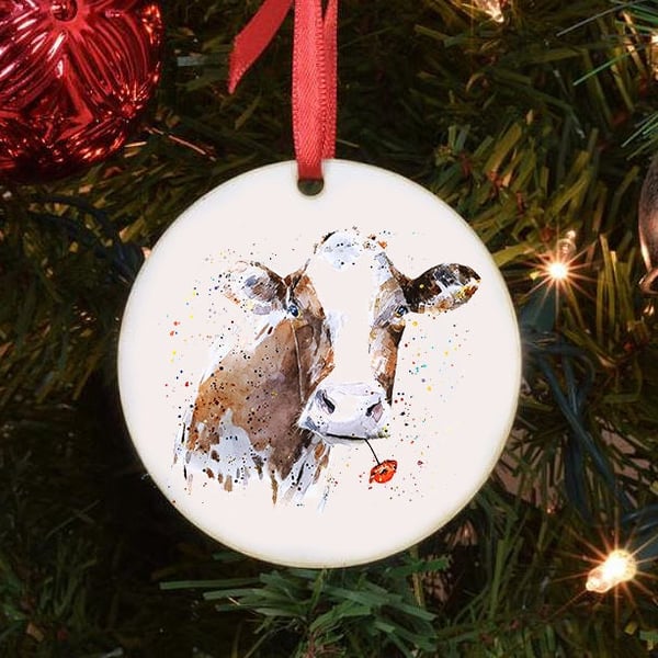 Poppy Cow - Cow Art Tree Decoration.Cow Xmas Tree Decoration, Dairy Cow Christma