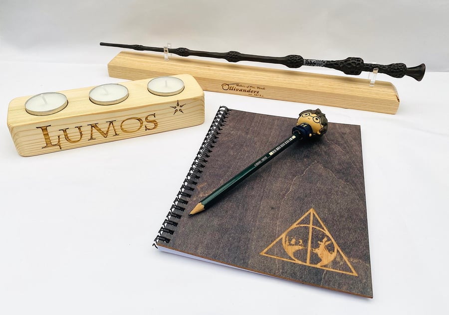 Wand Display Stand, Lumos Candle Holder, Personalised Plain Paper Notebook