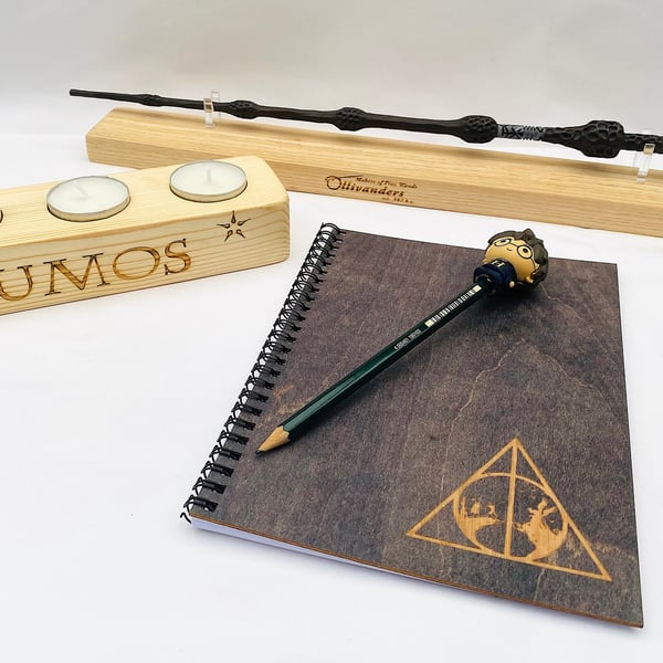 Wand Display Stand, Lumos Candle Holder, Personalised Plain Paper Notebook