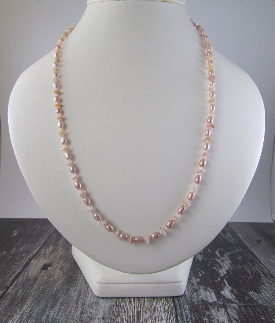 Pink Opal Pearl Knotted Necklace 
