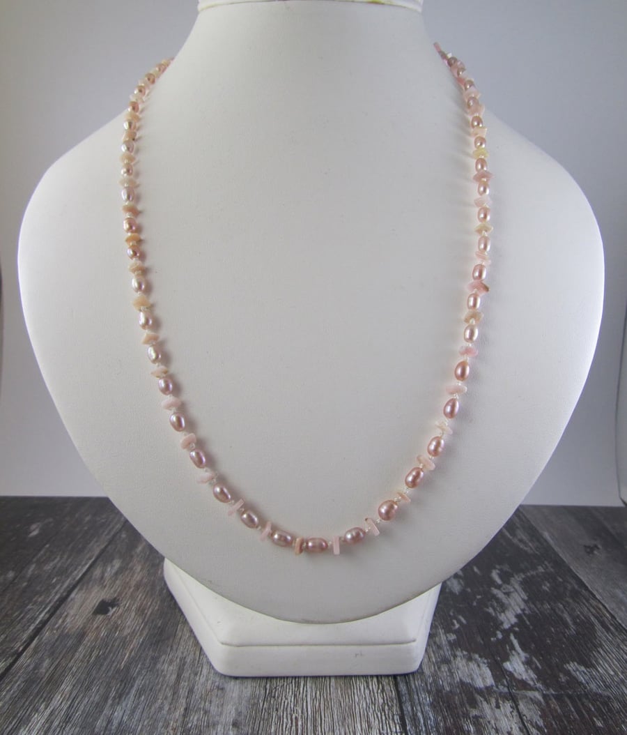 Pink Opal Pearl Knotted Necklace 