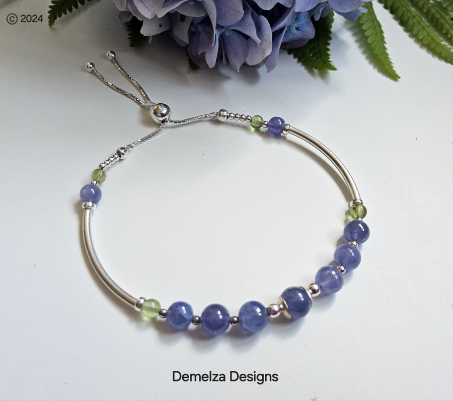 AA Tanzanite & Peridot Bangle Style Sterling Silver Bracelet 