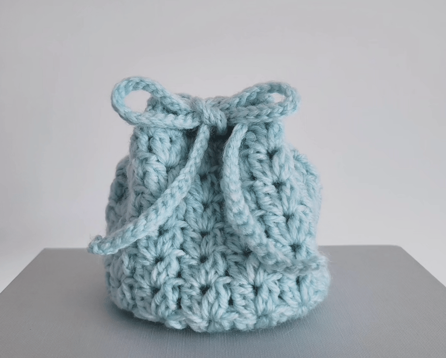 Duck Egg Blue Crochet Drawstring Pouch