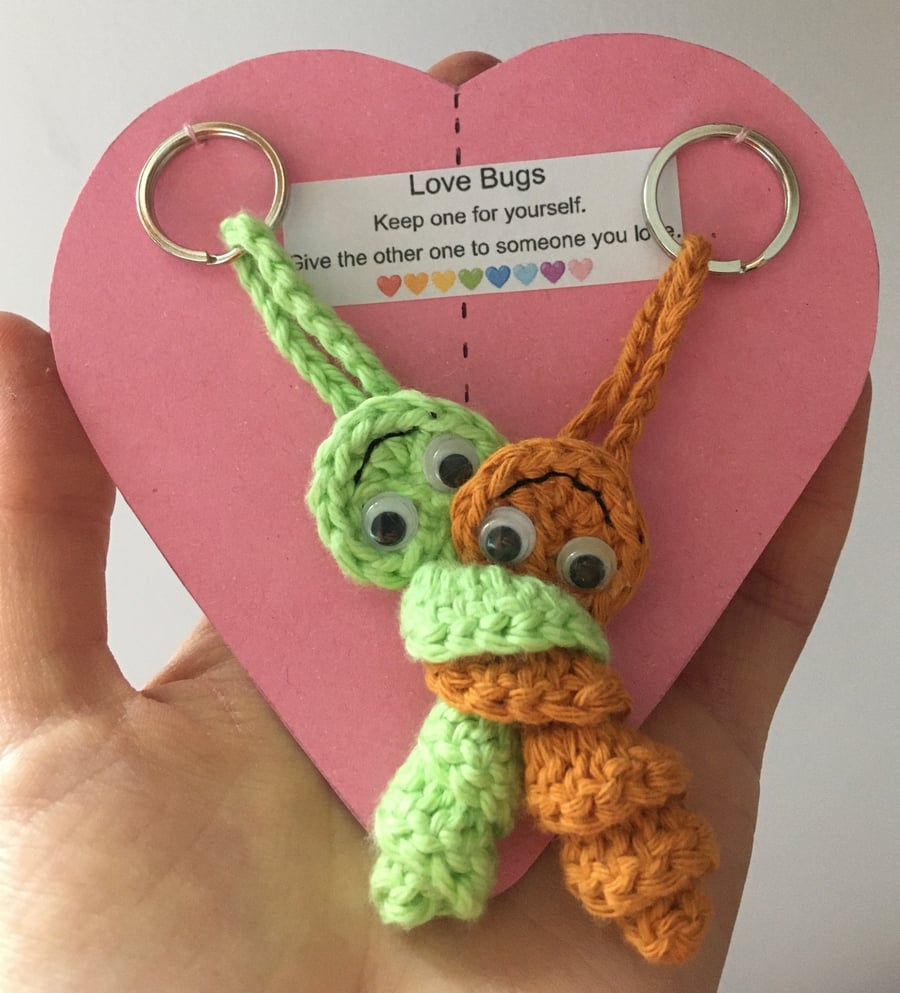 Crochet Worry Worm Love Bug Keyring, Friendship Gift, Orange And Green 
