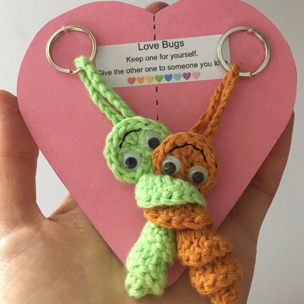 Crochet Worry Worm Love Bug Keyring, Friendship Gift, Orange And Green 