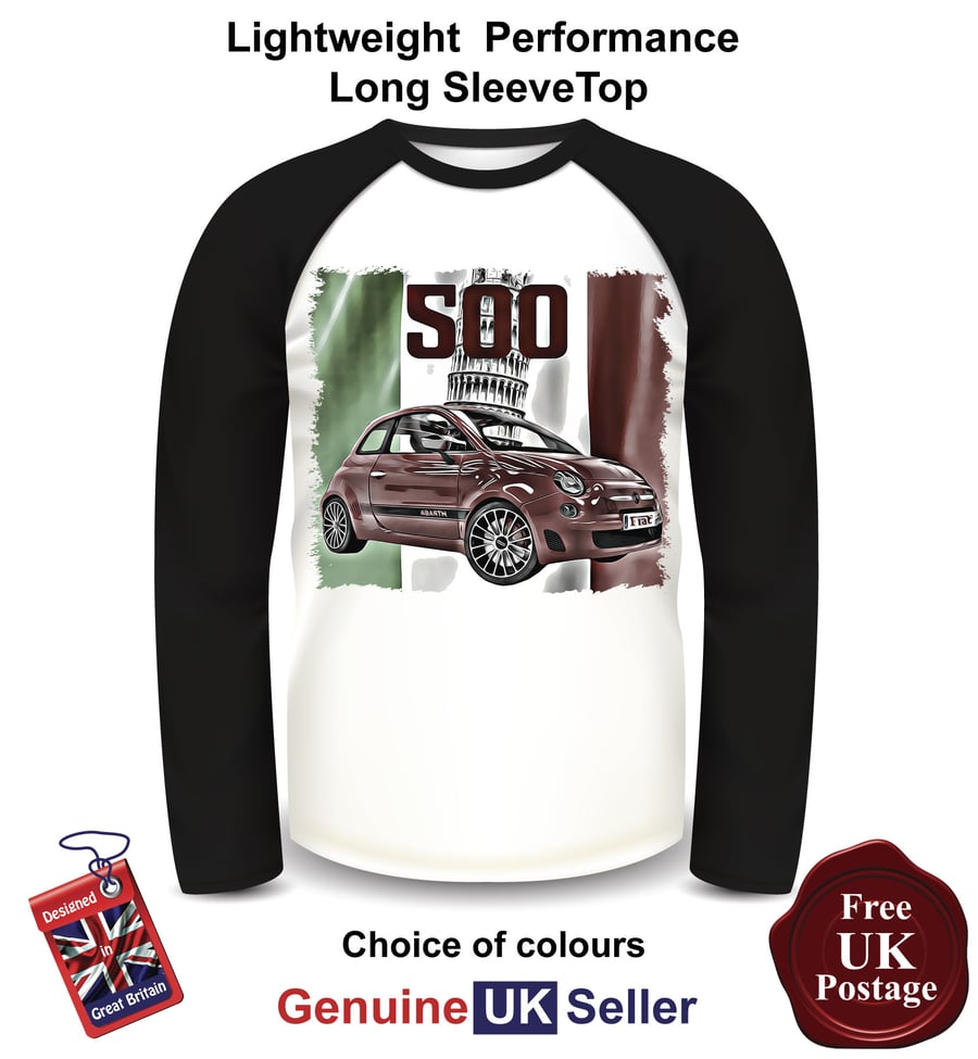 Fiat 500 Abarth T Shirt, Long Sleeve Men's Top, Fiat 500 Abarth Baseball Top,
