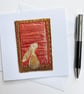 Up-cycled fabric embroidered hare or rabbit art card. 